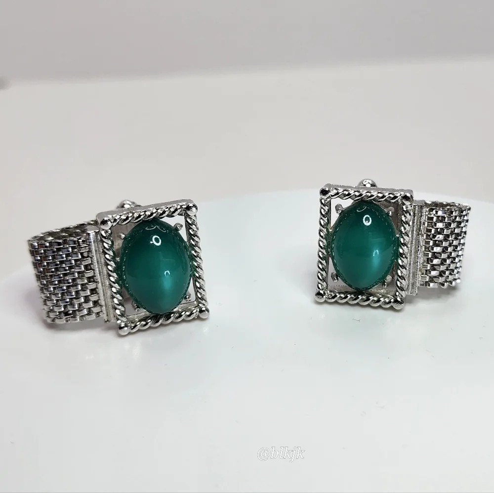 Vintage SWANK Cufflinks *Teal/Silver* EUC